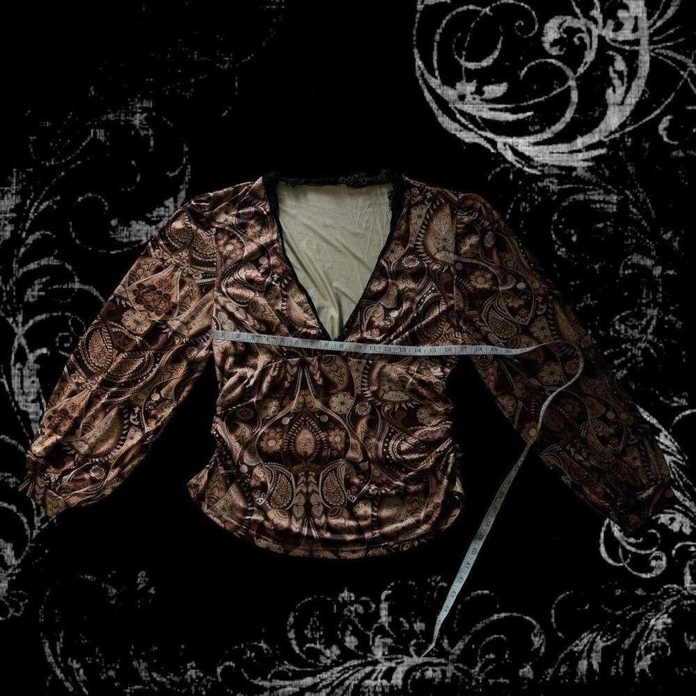 delicate symmetrical baroque black gothic lace trims brown paisley swirls top - Picture 6 of 7